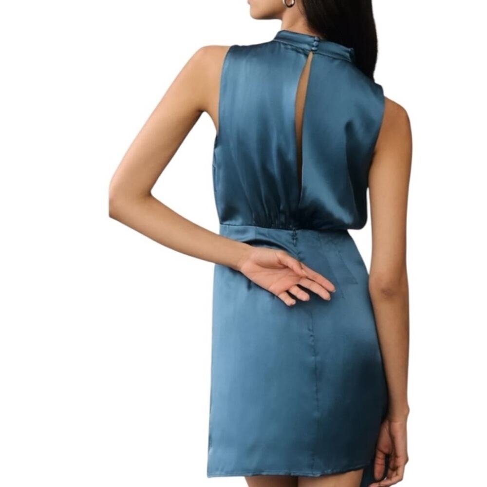 By Anthropologie Maeve Women’s Mock-Neck Draped Silk Teal Asymmetric Hem Dress 4 - Picture 5 of 12